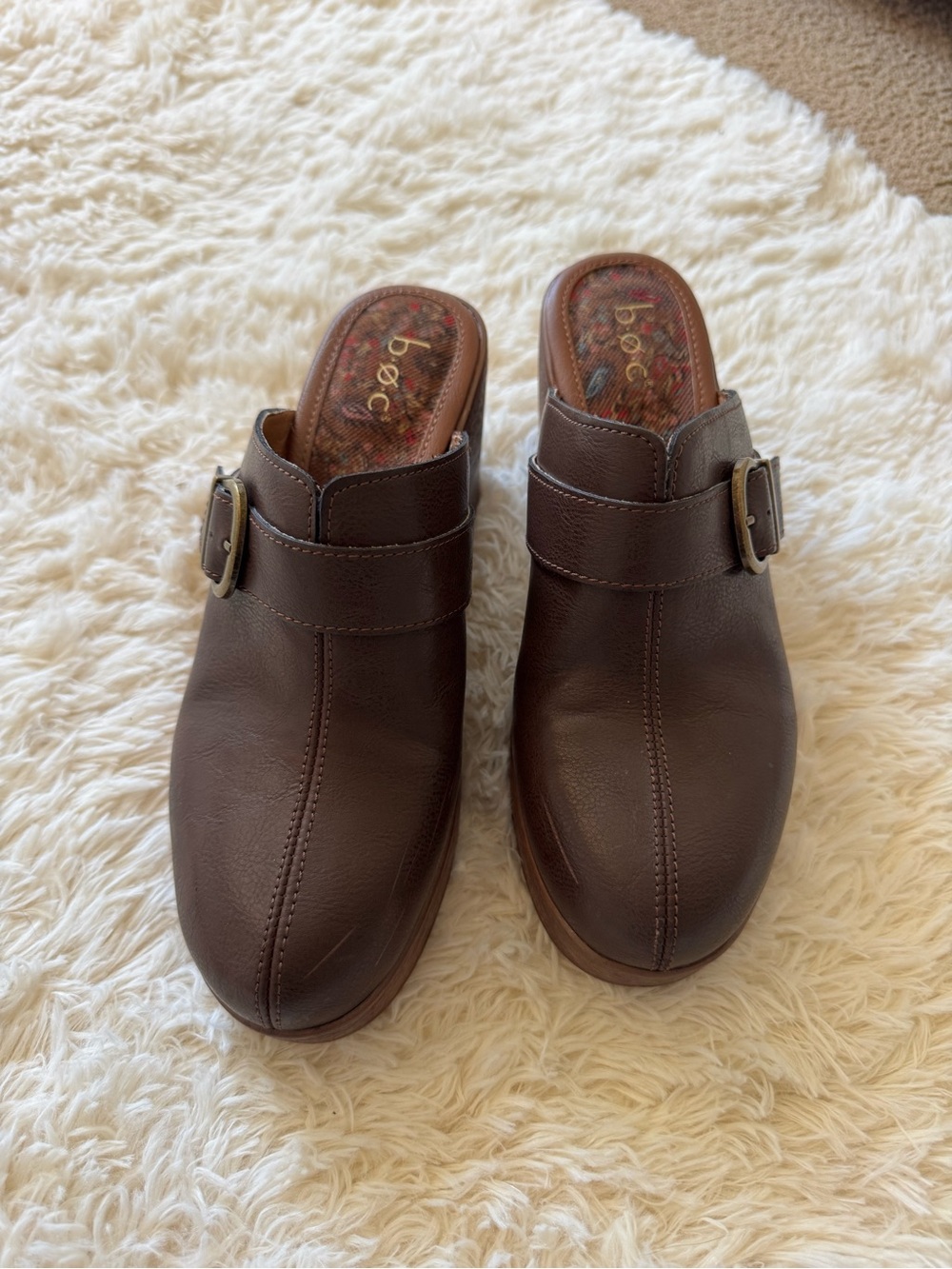 Women's Brown Leather Slip-On Clog with Brass Buckle Accent